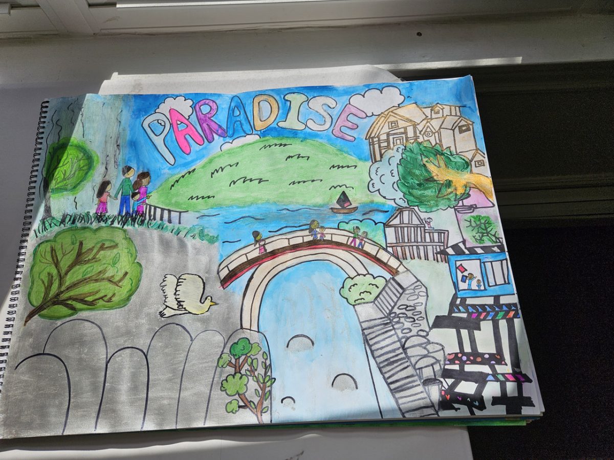 A drawing including many different city elements and the word "PARADISE" across the top.