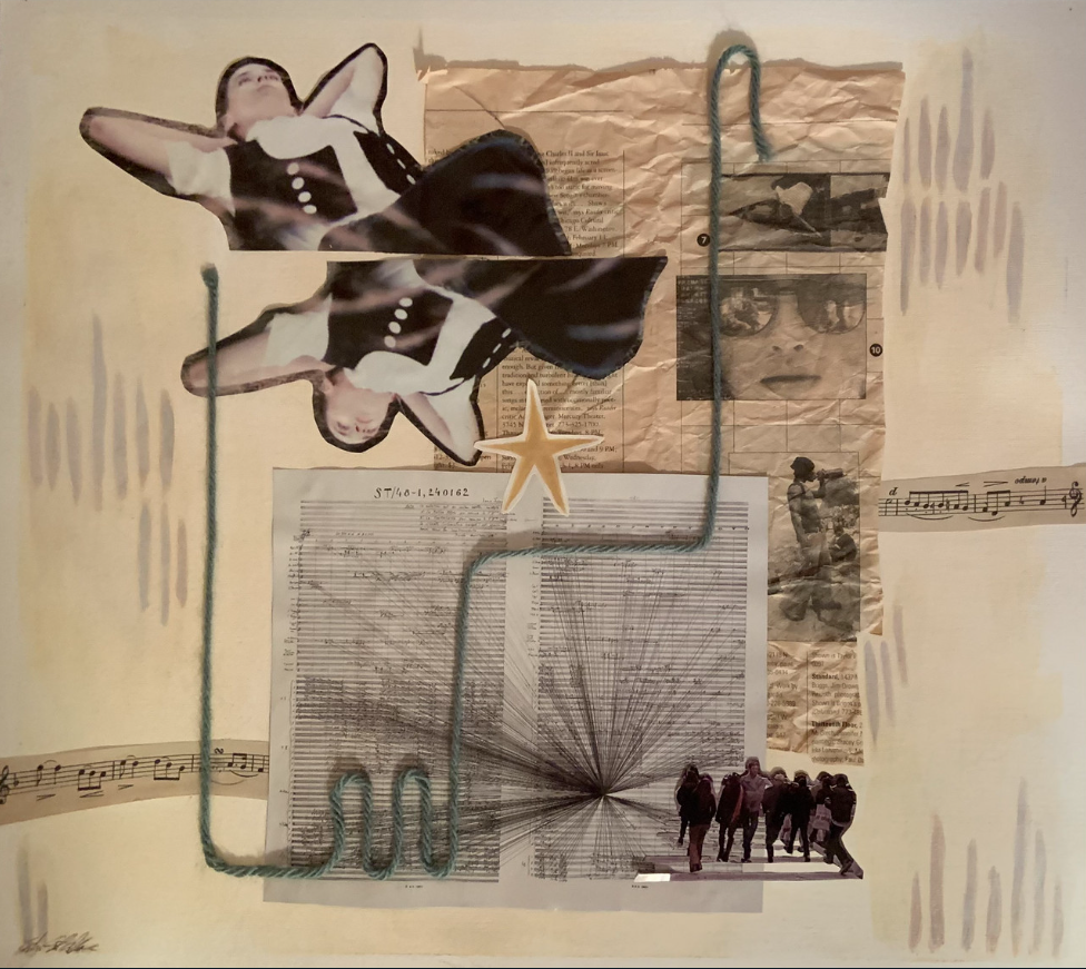 Collage of papers, people, and music
