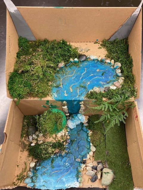 Mixed media diagram of waterfall with greenery inside of cardboard box.