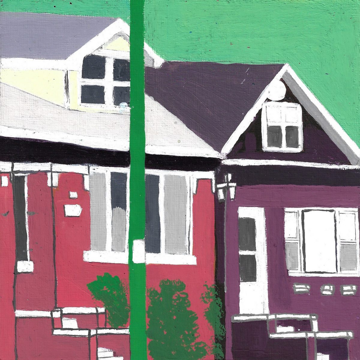 Mauve house with a grey roof and a bright green background