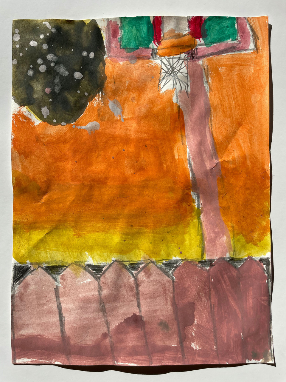 This is a painting of a basketball net and a fence against a sunset sky.