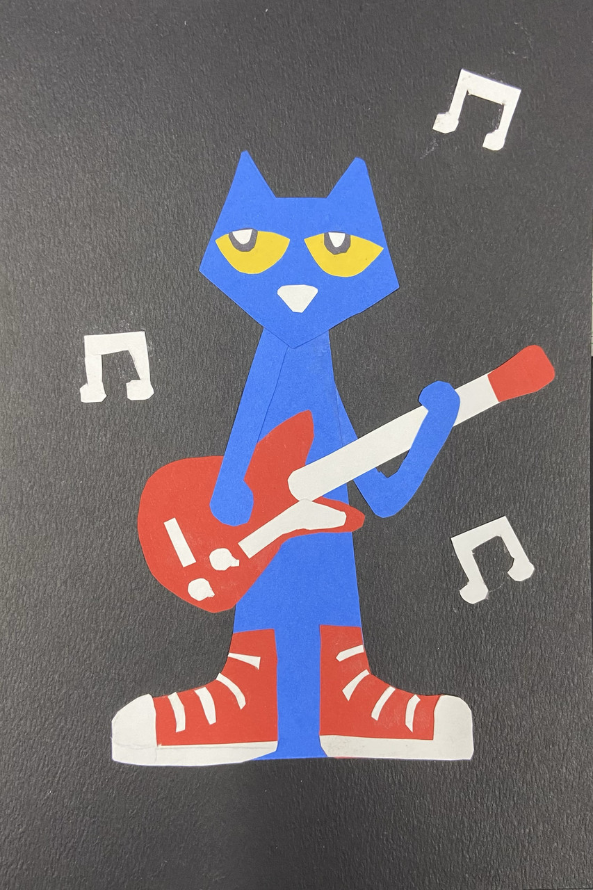 Collage of a blue cat with red shoes playing the guitar.