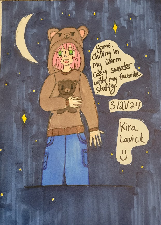 Drawing of girl in front of night sky in bear hoodies with writing next to her.