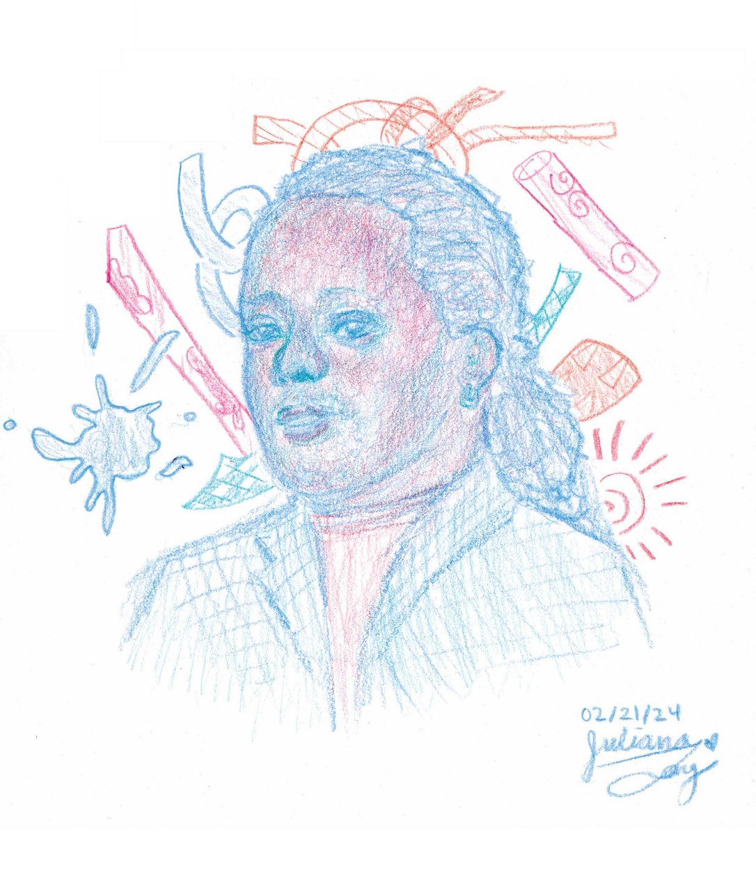 Two-tone portrait of Kevin Cole with paint splatter and squiggles in the background