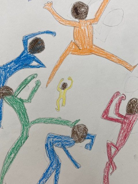multicolored crayon and pencil drawing of multiple people with extended limbs inspired by Ernie Barnes.