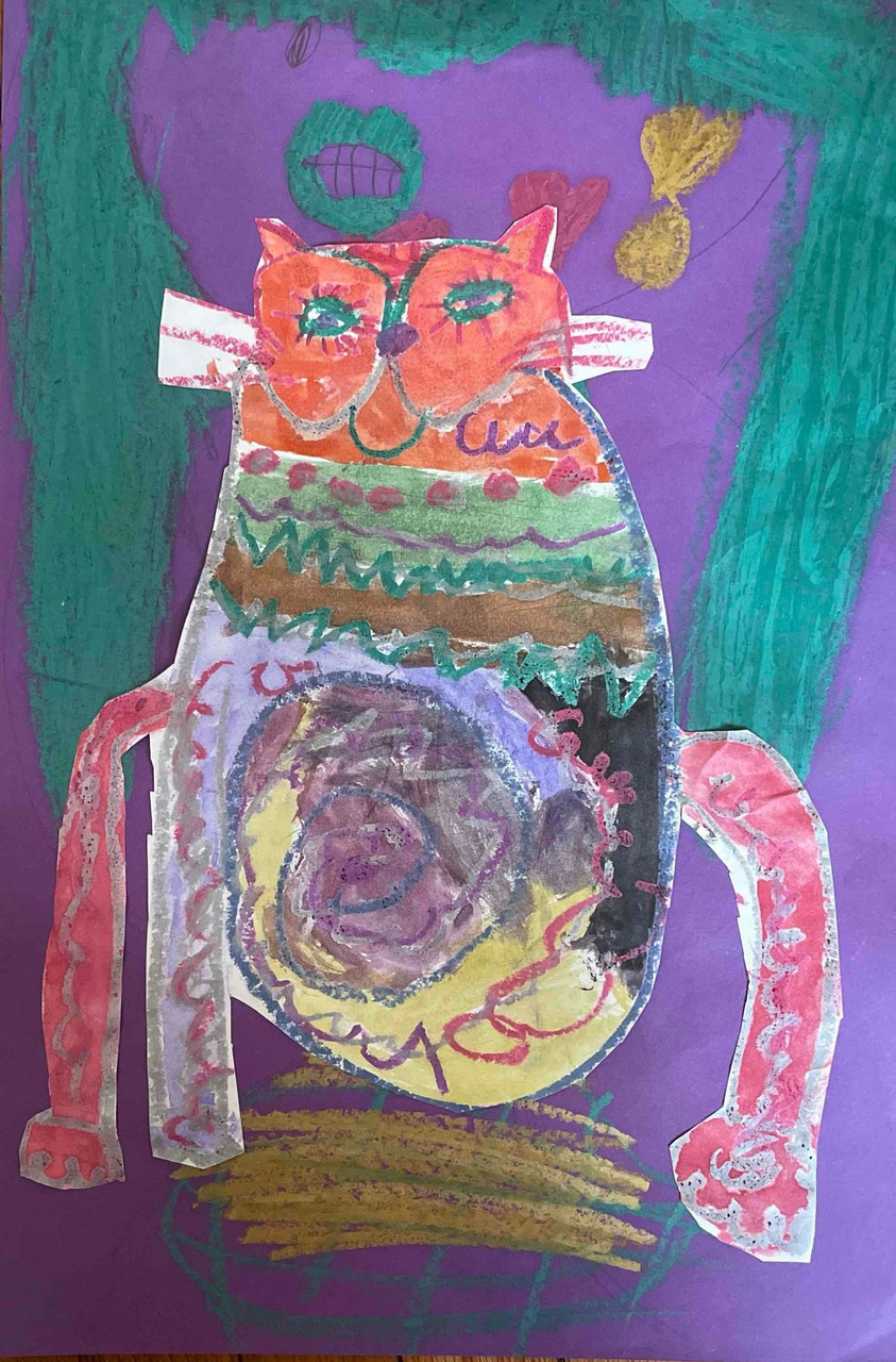 Oil Pastel and Watercolor Collage Laurel Burch-Inspired Cats