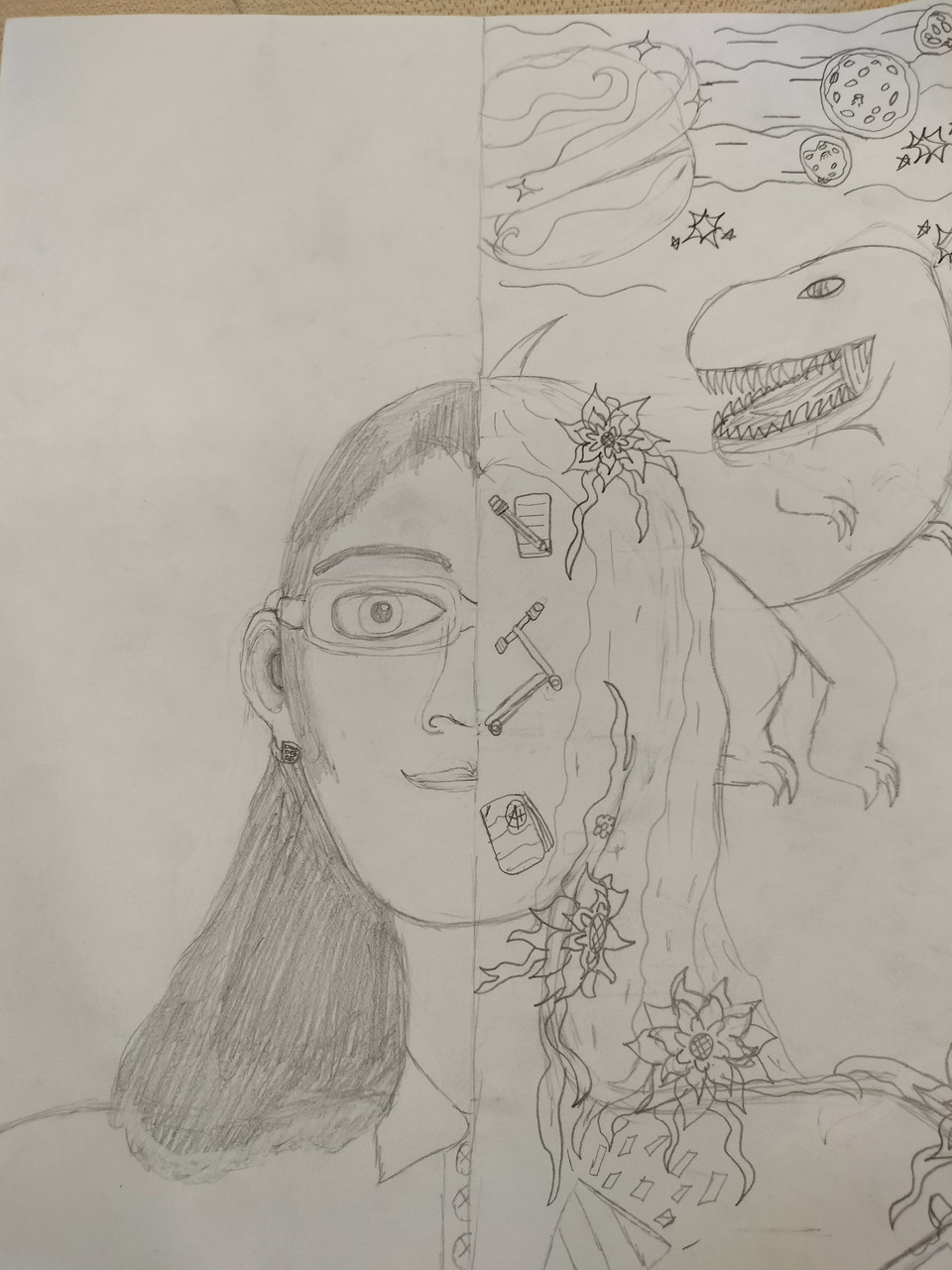 A portrait drawing with cosmic symbolism and elements on the right