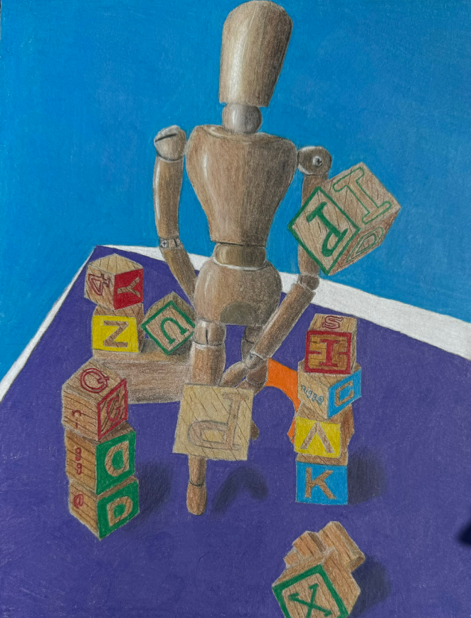 Wooden mannequin dropping letter blocks. Blue and purple background.