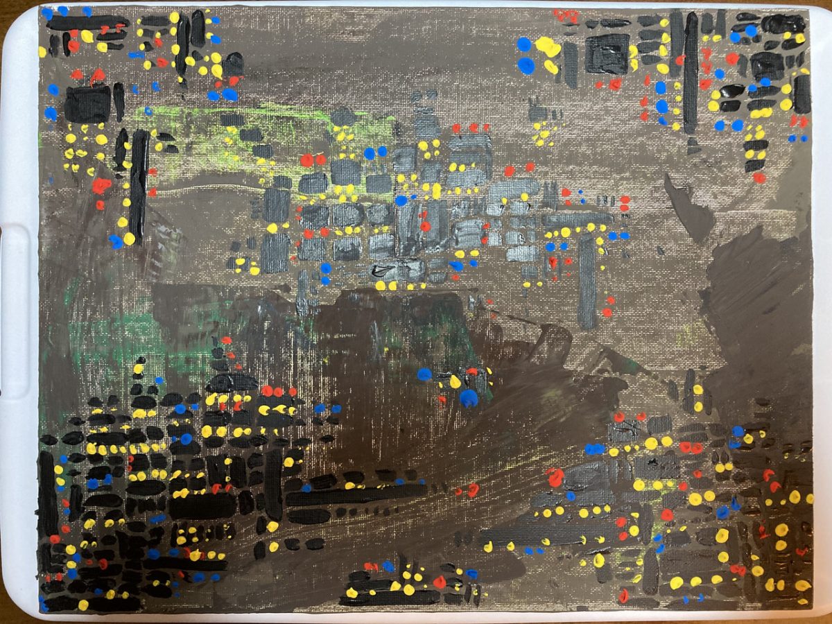 A painting evoking different colored city lights in the night.