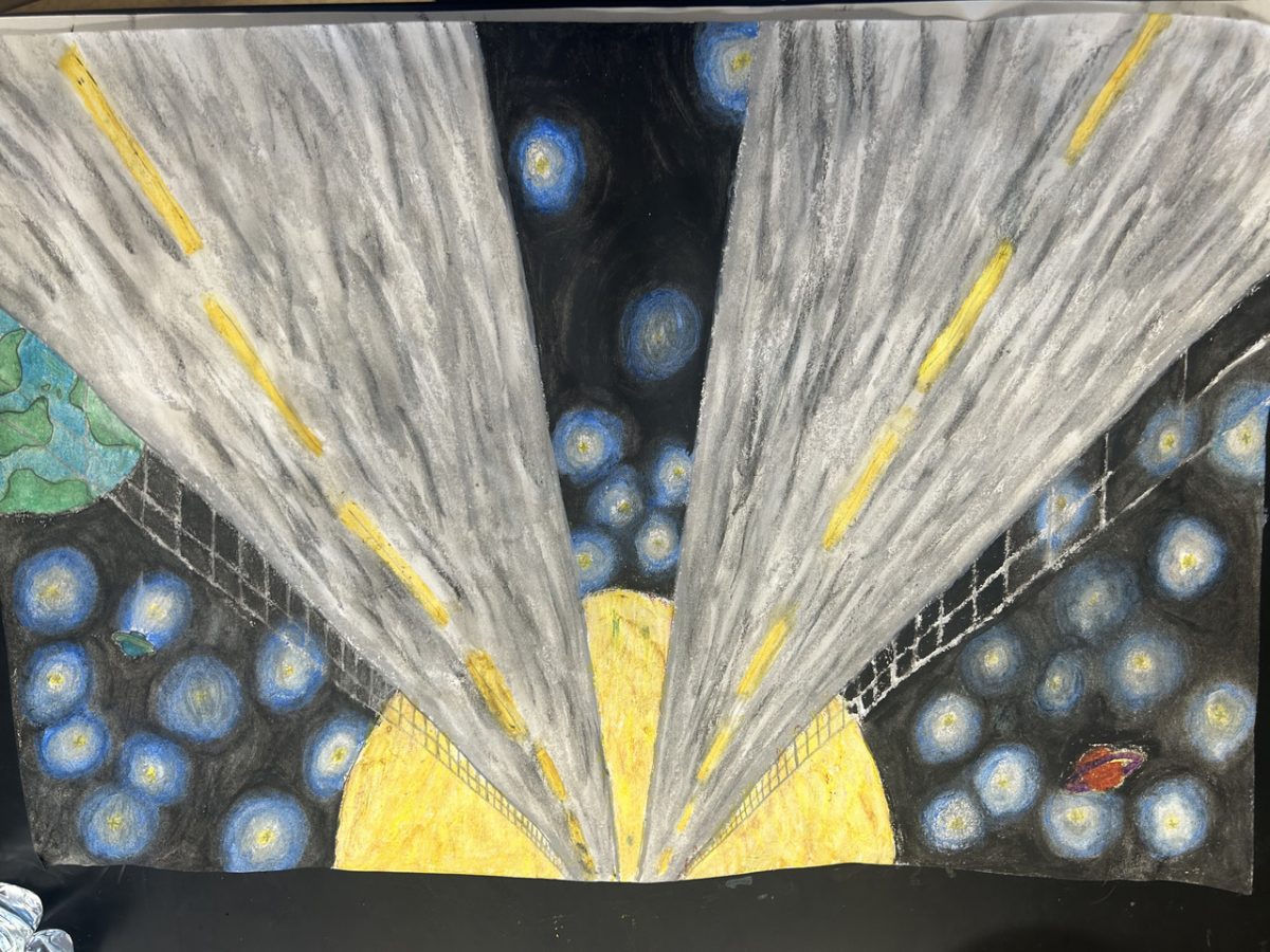 Highway headed towards the sun. Multiple galaxies and plants, Earth and Jupiter, can be seen in the background