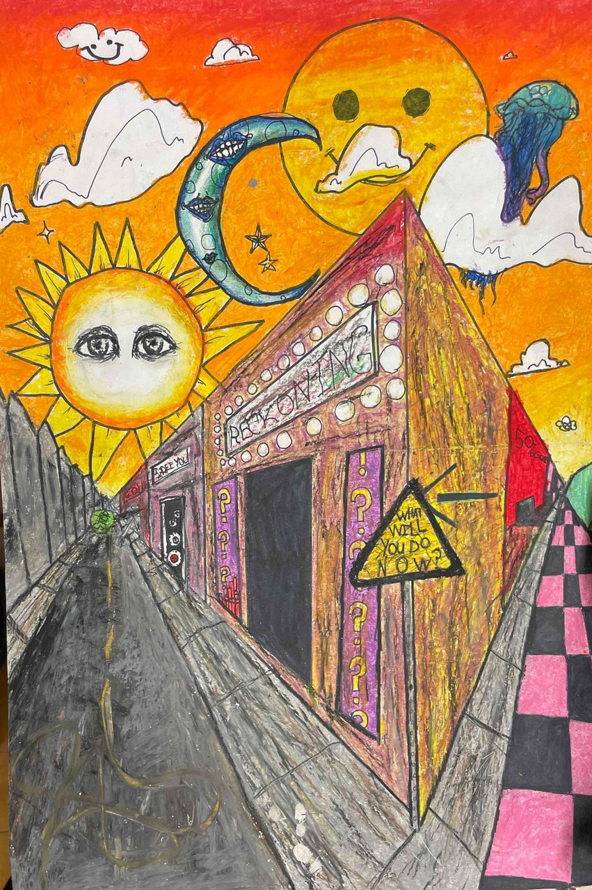 Corner of a building using perspective. Orange sky with sun and moon in sky. Road.