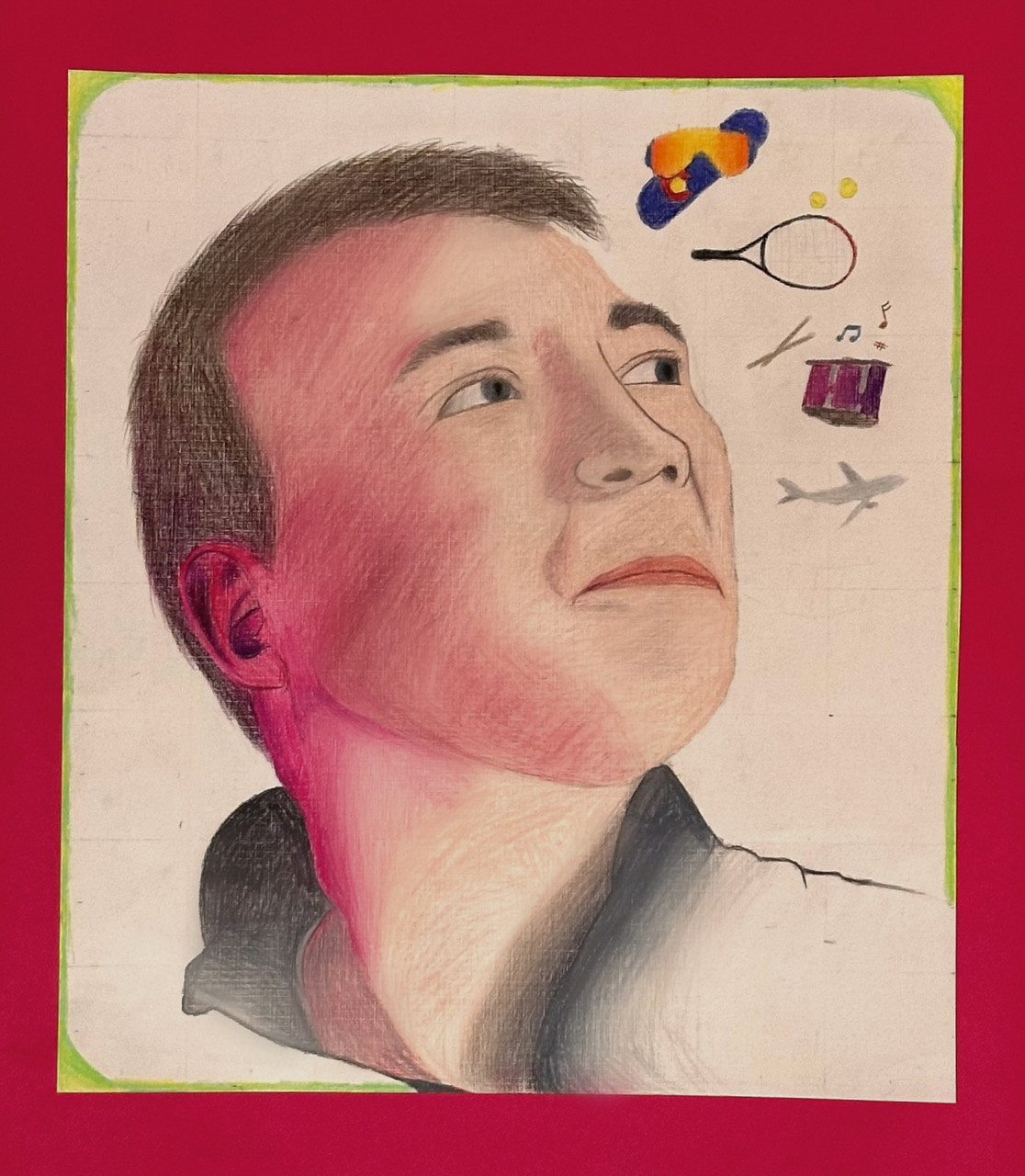 Portrait of artist's dad with symbols of skiing equipment, a racket, and drums in the background