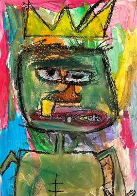A portrait inspired by the style of the artist Basquiat, including the signature crown.