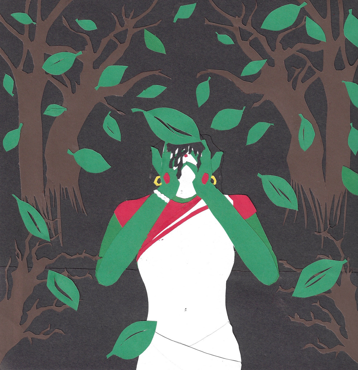 Black background with printed trees and accented green leaves with the focus on a print of a woman in the center covering her eyes.