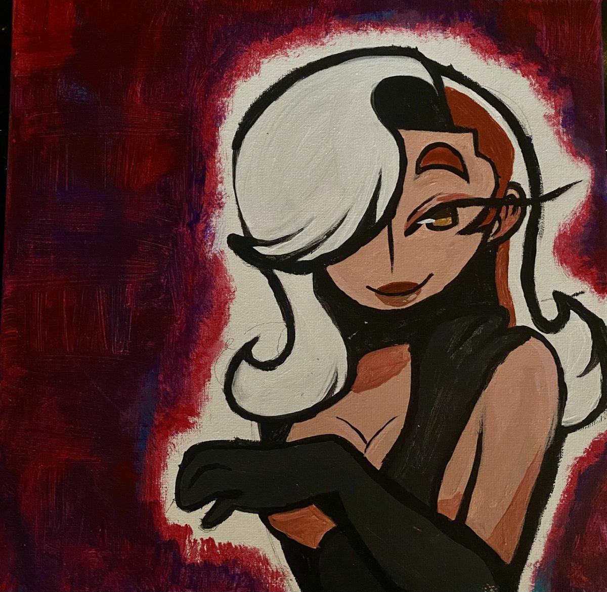 Painting of an animated woman with black gloves and white hair with a reddish background.