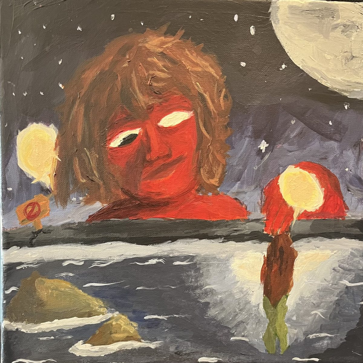 A red figure dips their hand in a water tank. In the background is the galaxy.