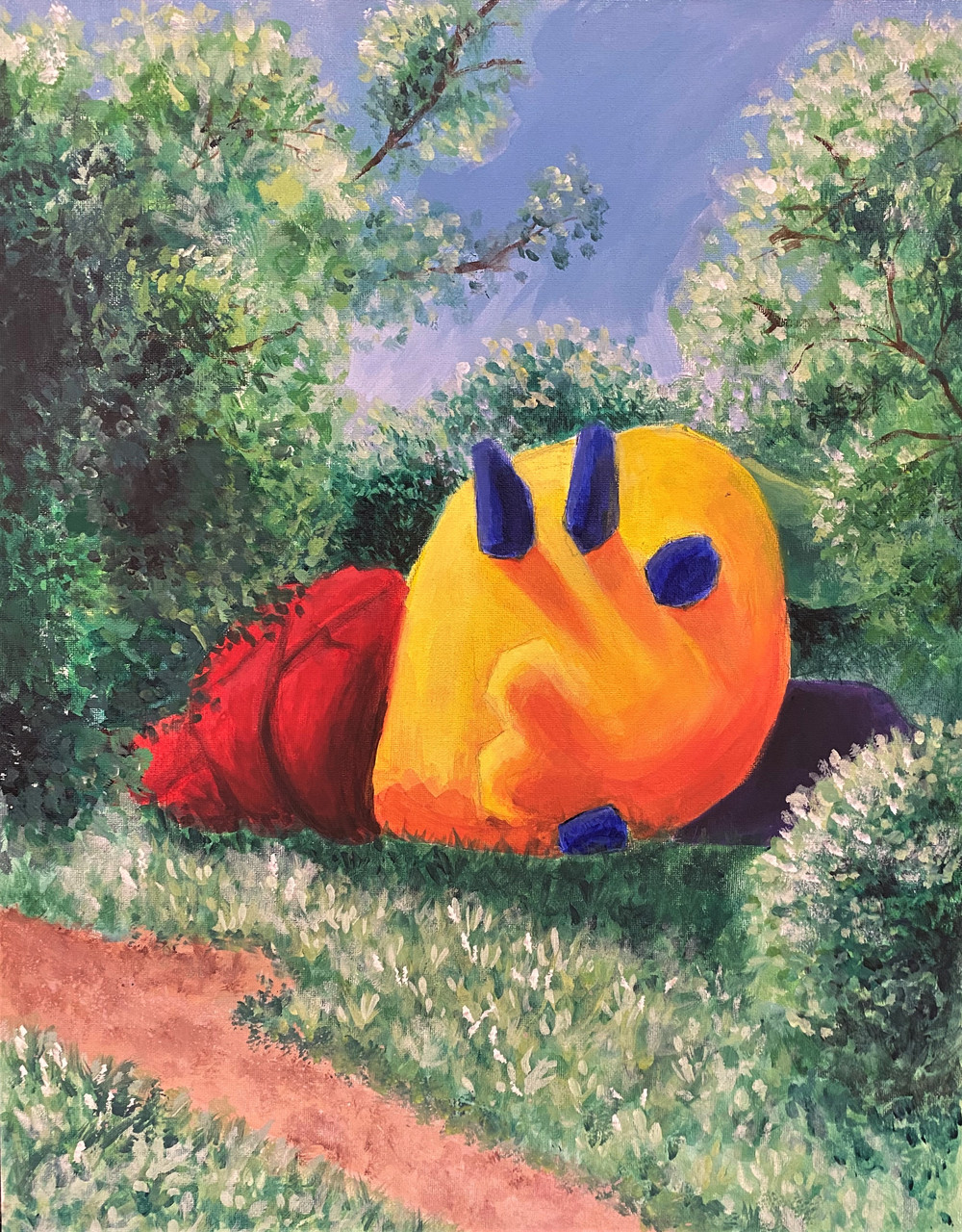 Orange, red, and purple play doh creature in the middle of green trees.