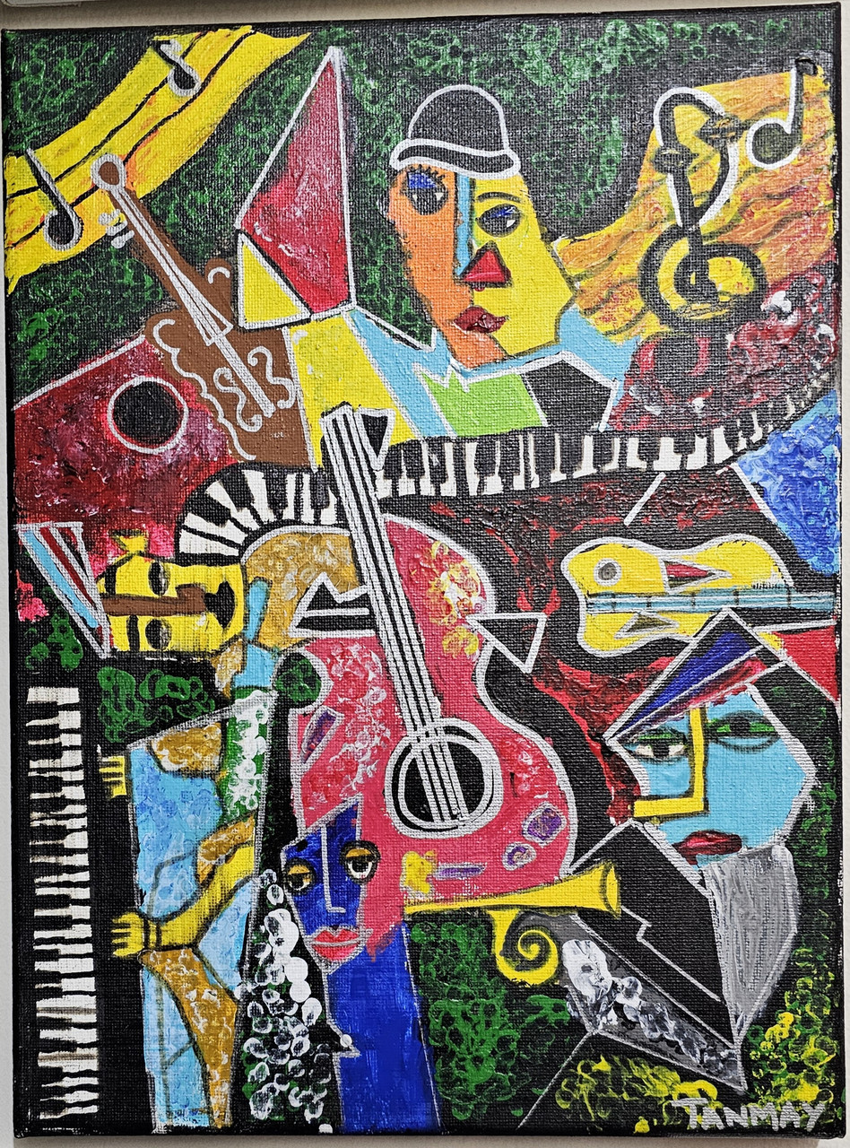 Overlayed instruments and musical symbols in many colors, ornamented with cubist style faces.