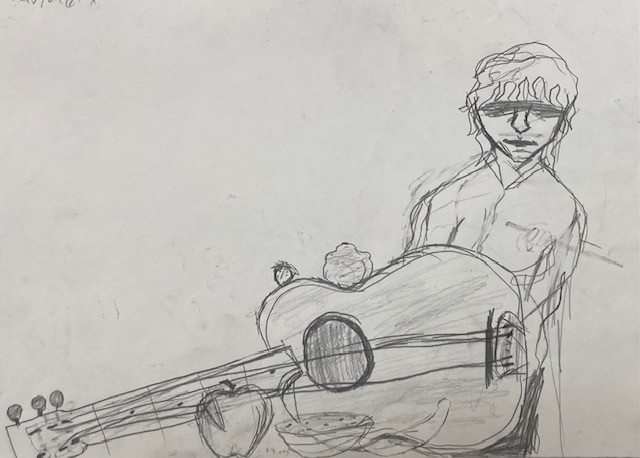 Pencil still life drawing of blind folded man holding a guitar.