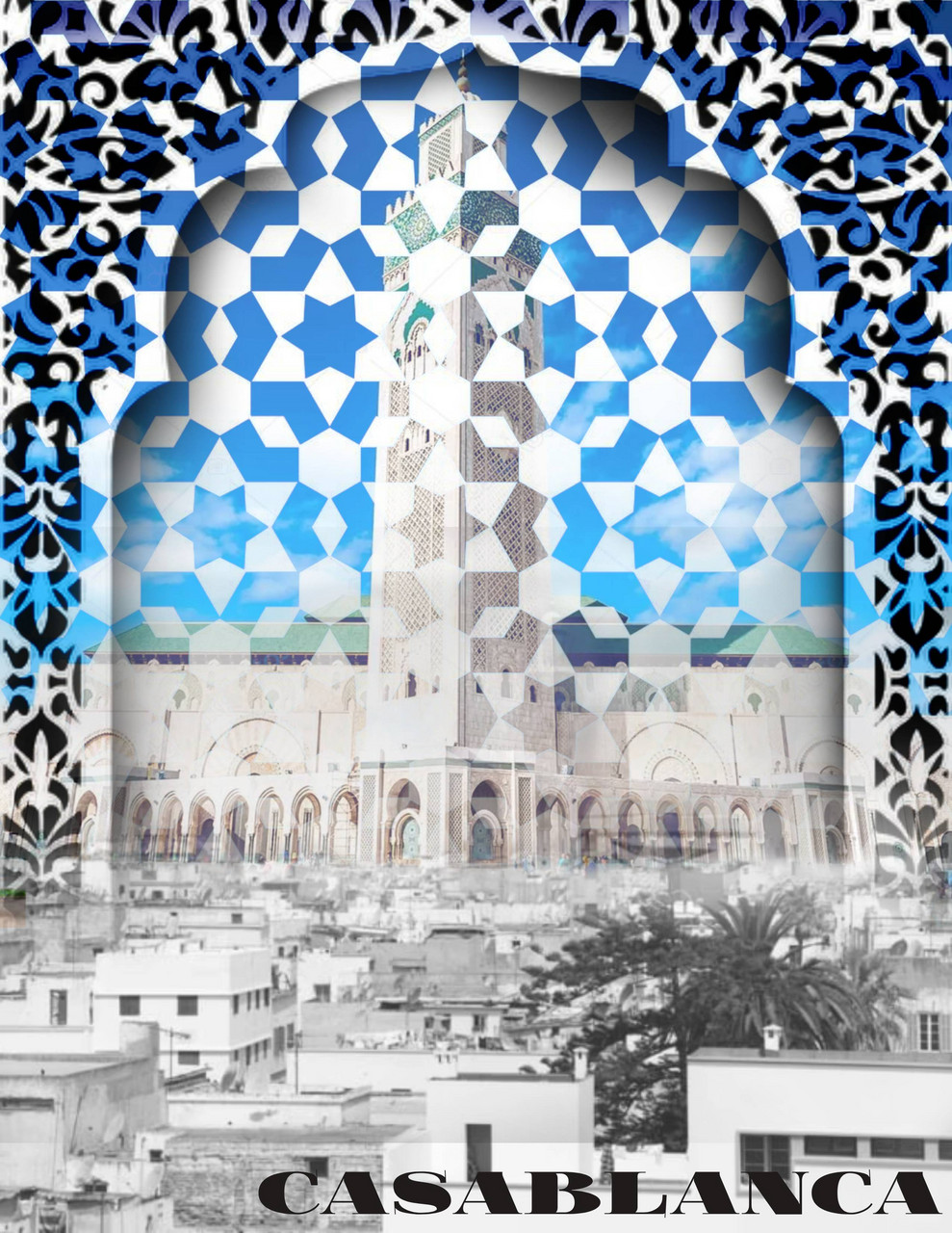 Blue background with a kaleidoscope design. Buildings in the foreground with one tall one in the middle of the image.