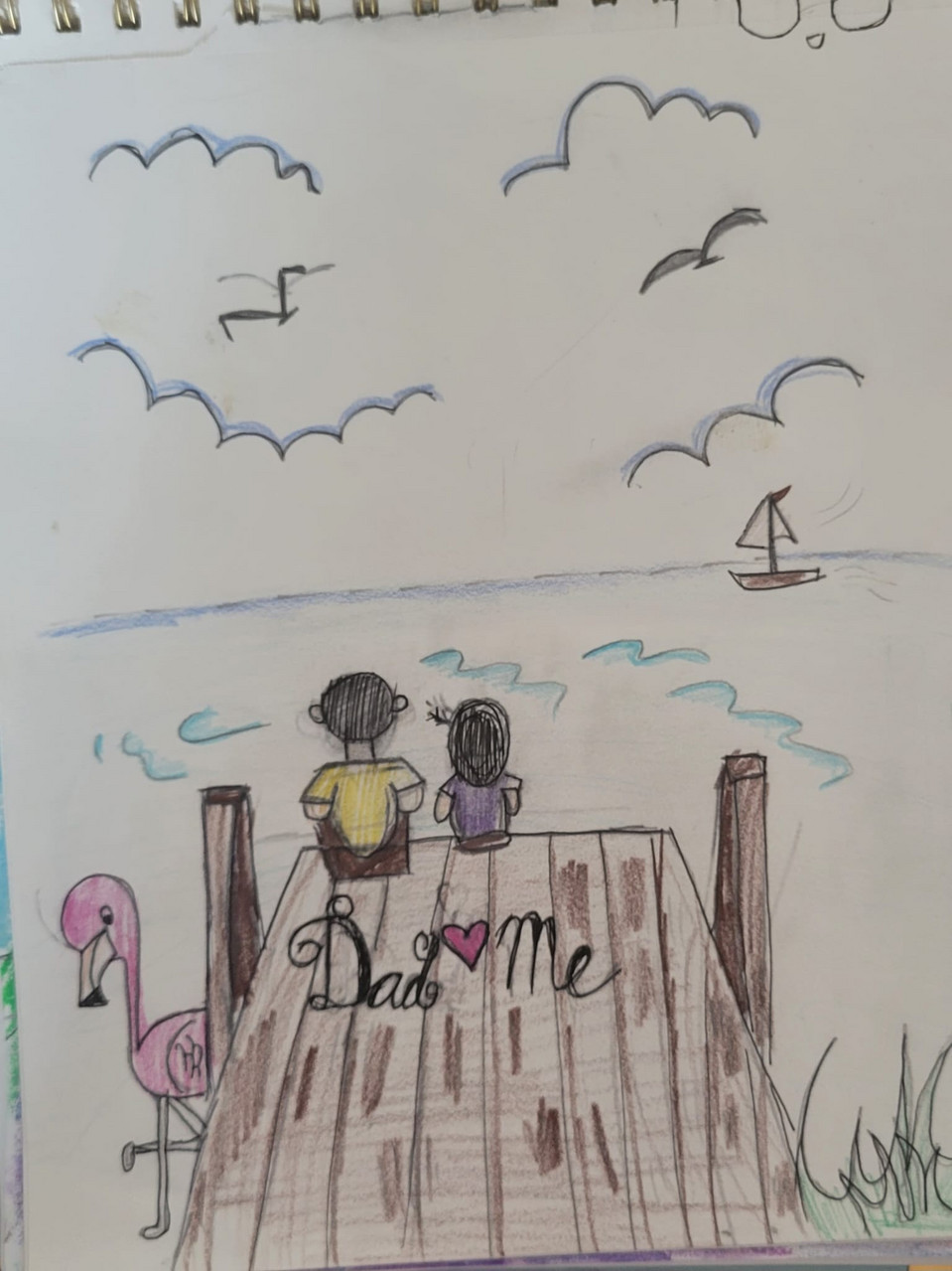 drawing two people dad and daughter sitting on dock overlooking water flamingo
