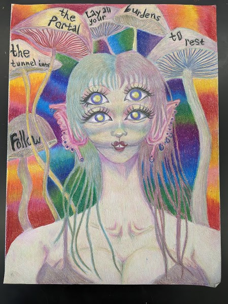 Female humanoid with 2 pairs of eyes stares directly at the viewer. In the background are psychedelic mushrooms and colors.