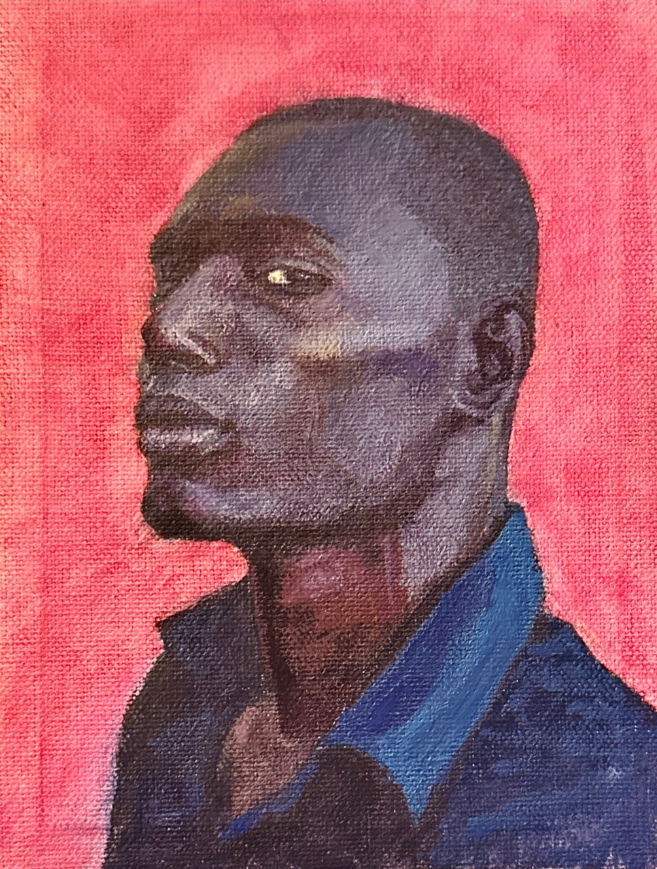 Painting of a person in a blue shirt with a red background. Painted in gouache.