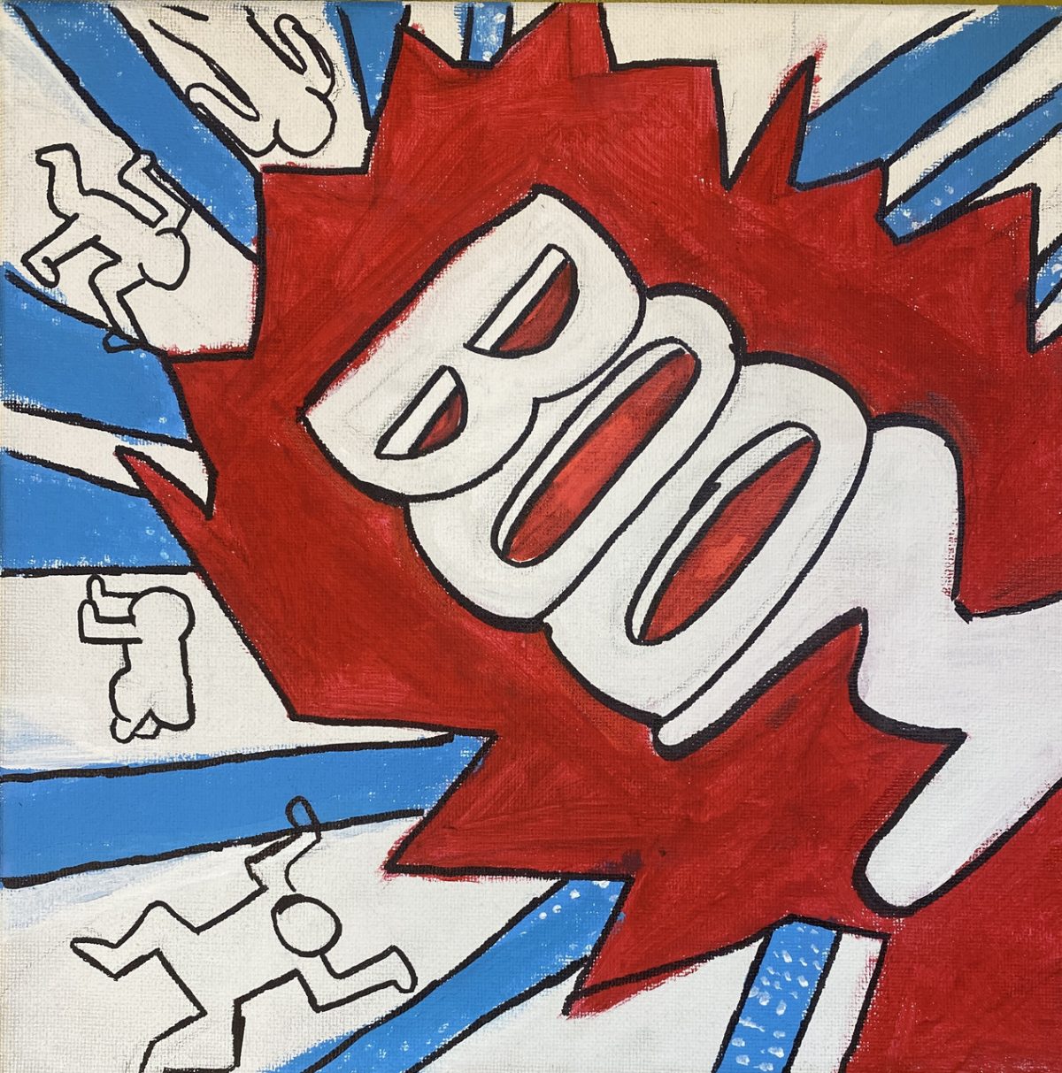 Red boom in zig zagged bubble leads out to blue lines with people inspiring by Keith Harring