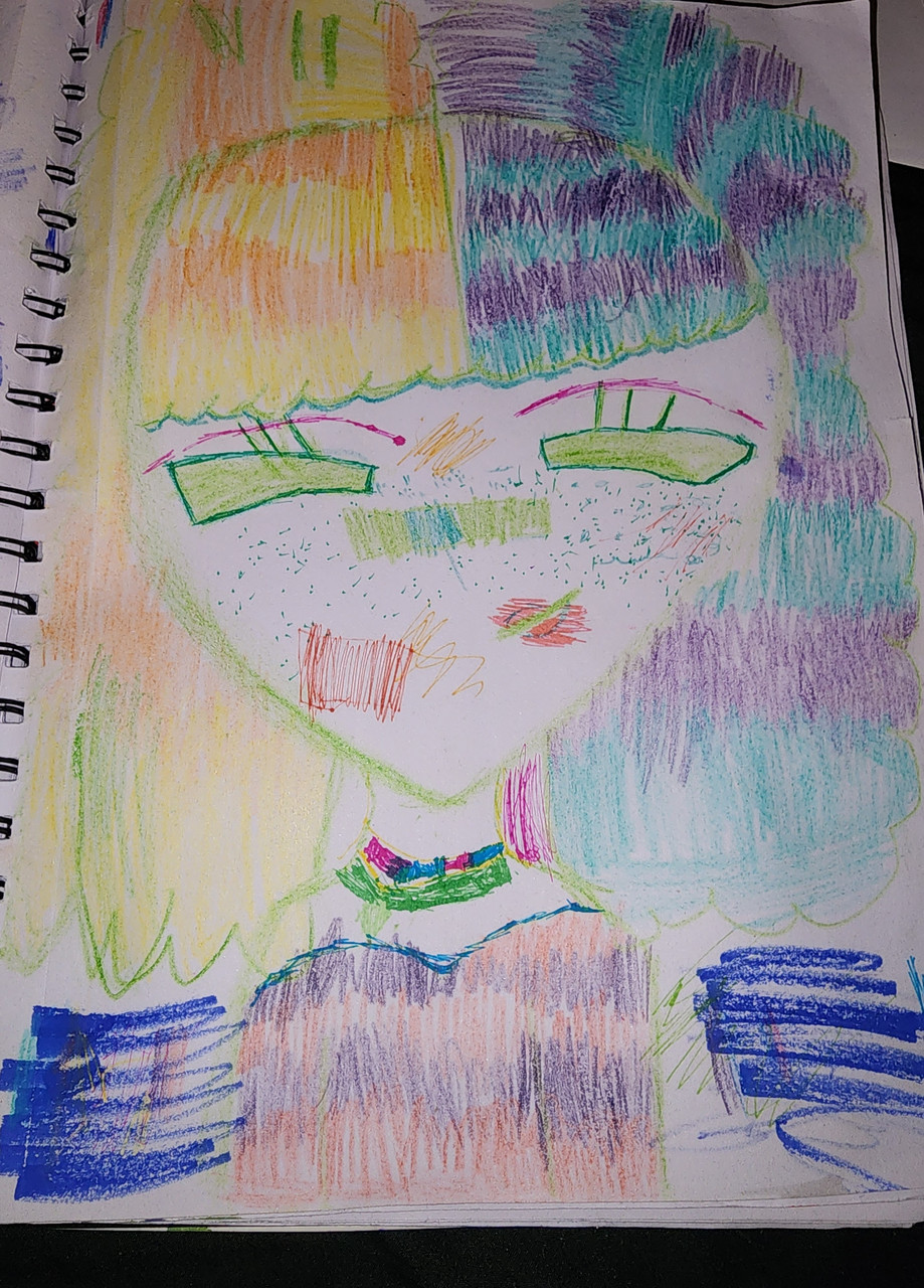 Abstract drawing of girl with half yellow and half blue hair.