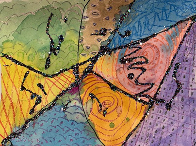 abstract mixed media piece with geometric shapes and lines.