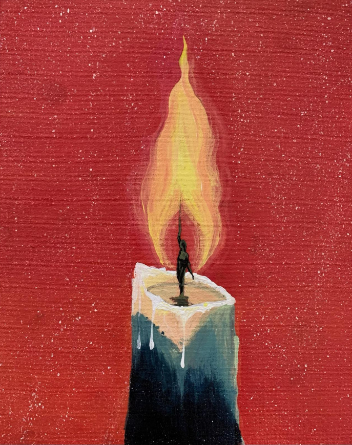 Painting of a candle with a red background