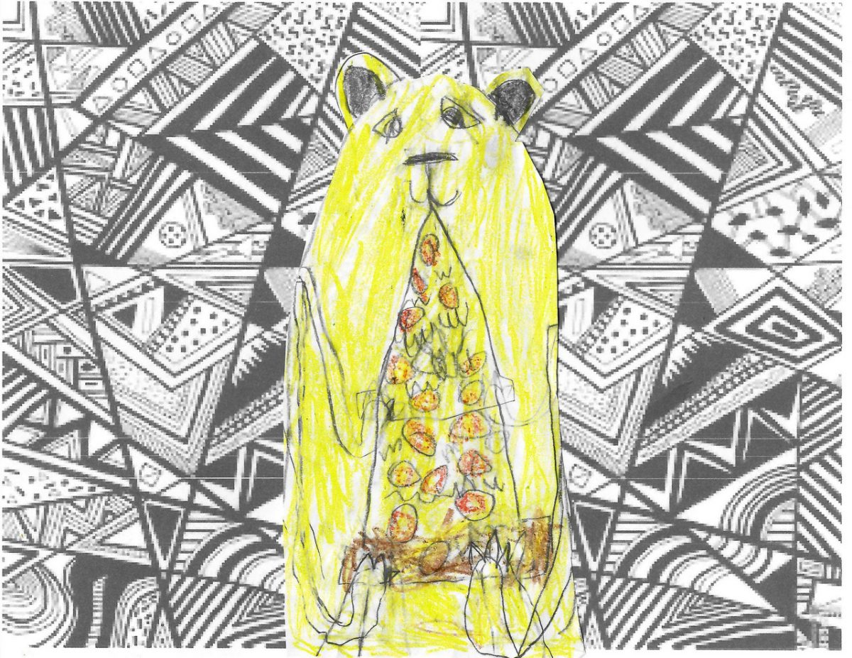 A color pencil drawing of a bear eating pizza. The background has a lot of patterns in black and white.