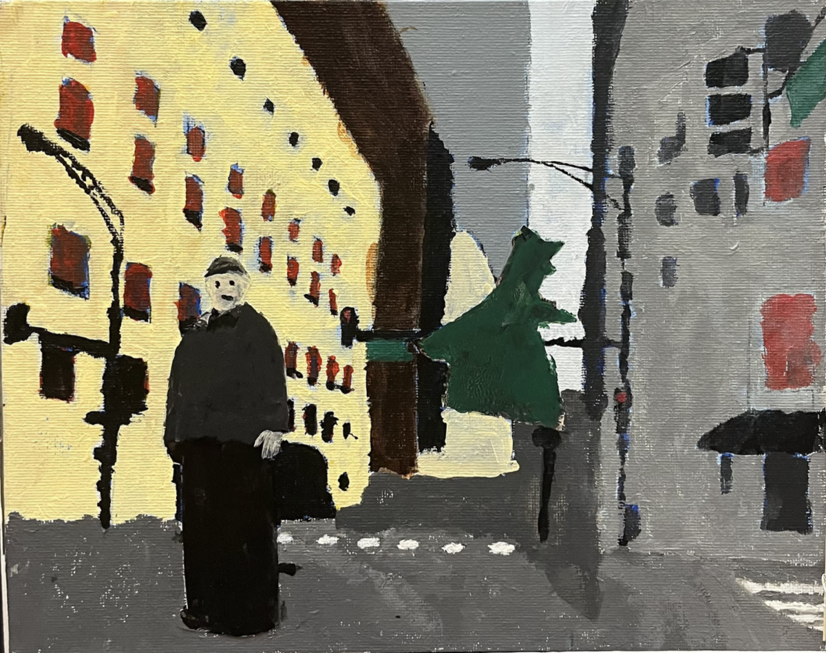 Painting of city with person