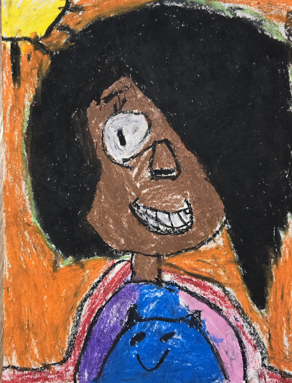 A portrait with a sun on an orange background.