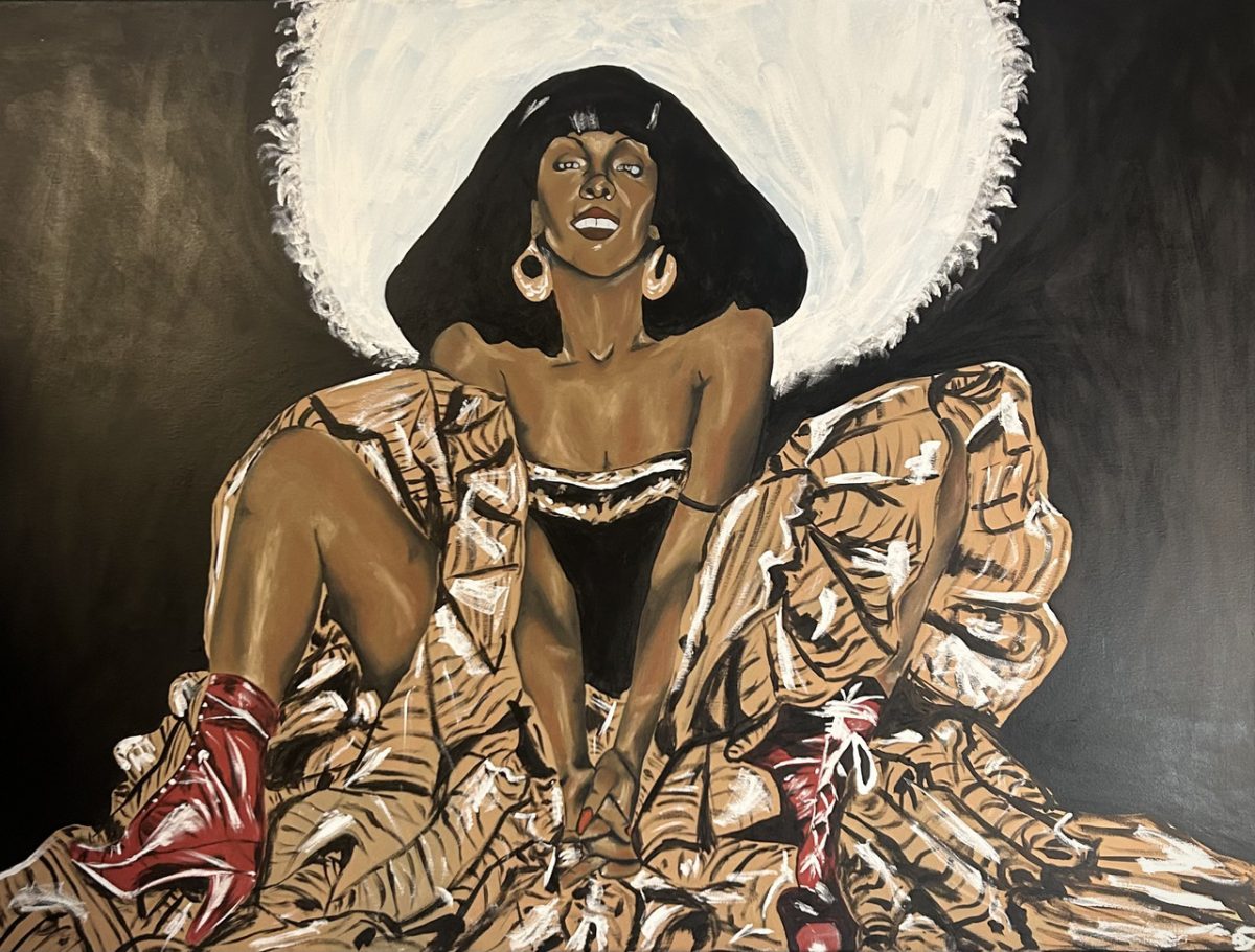 A portrait of a person with a long and flowy gold dress