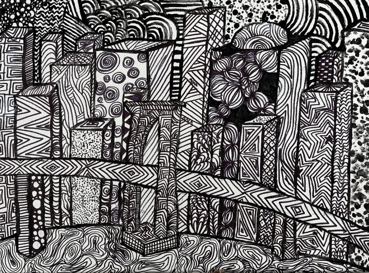A black and white abstract drawing of a city drawn from a lot of lines