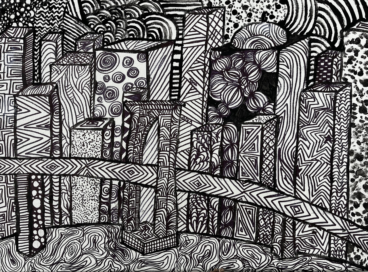 A black and white abstract drawing of a city drawn from a lot of lines