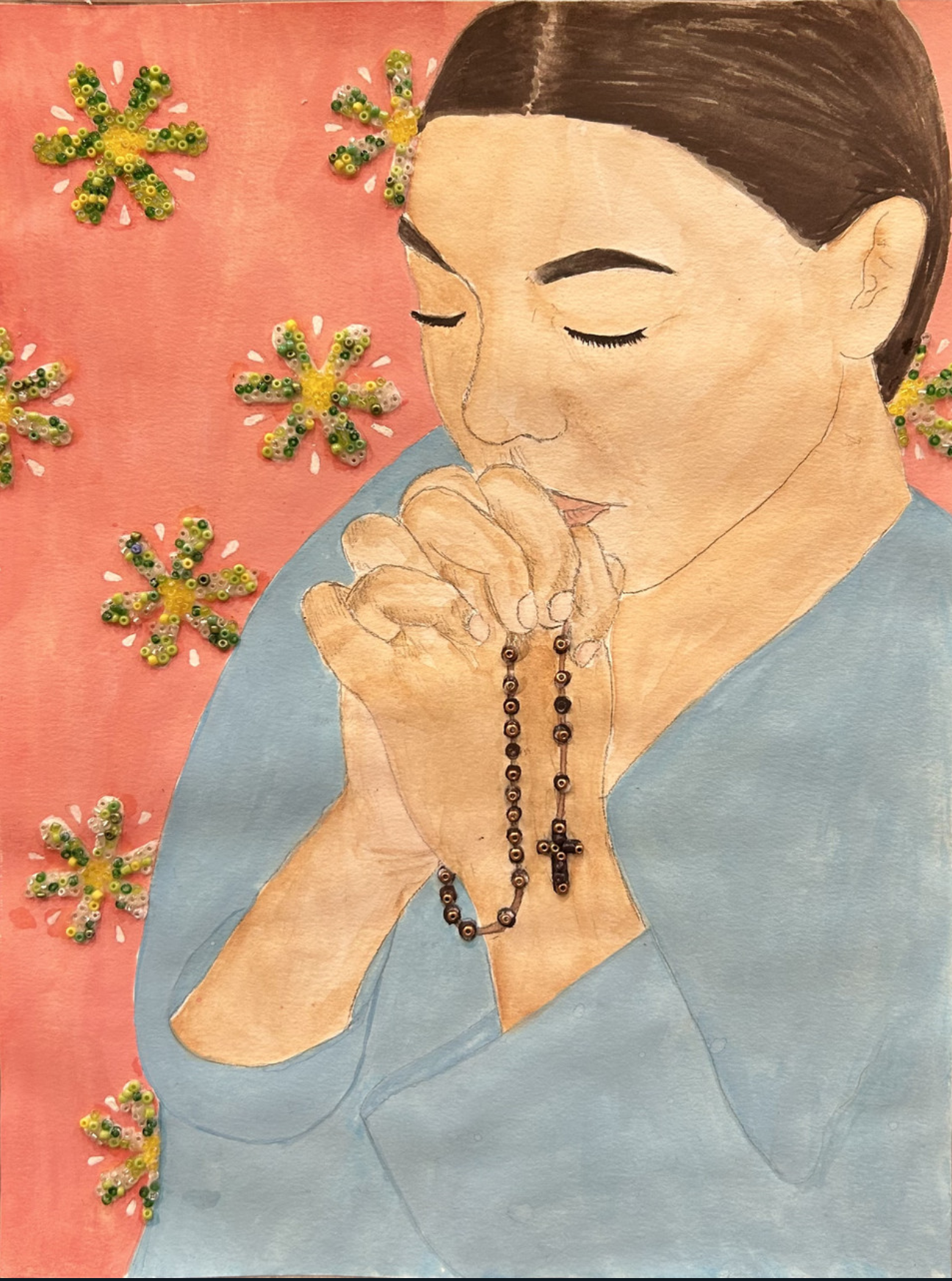 Painting of a person praying with rosary beads.