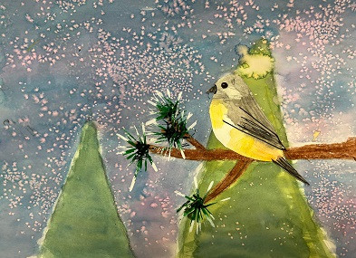 Watercolor painting of bird on a branch with snow and hills in the background.