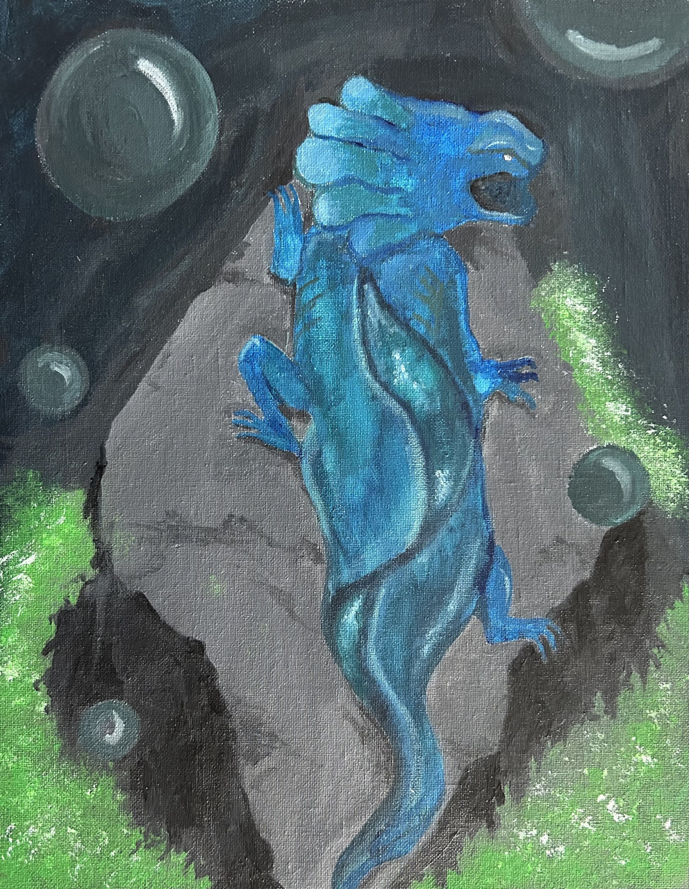 A painting of a blue axolotl on top of a rock framed by green plants