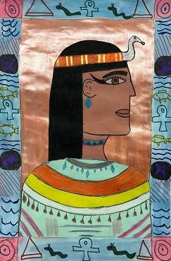 Egyptian inspired side profile drawing and collage with shiny background and border.