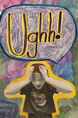 Collage of child screaming with text bubble.