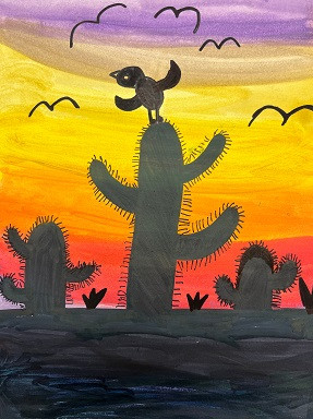 Sunset painting with shadow cacti and birds.