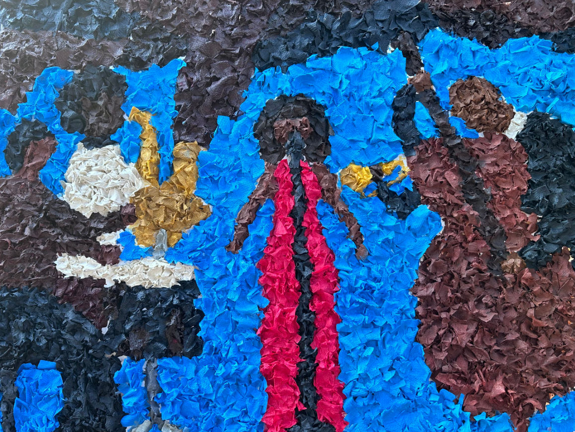Paper, glue and acrylic figures playing jazz on a blue background.