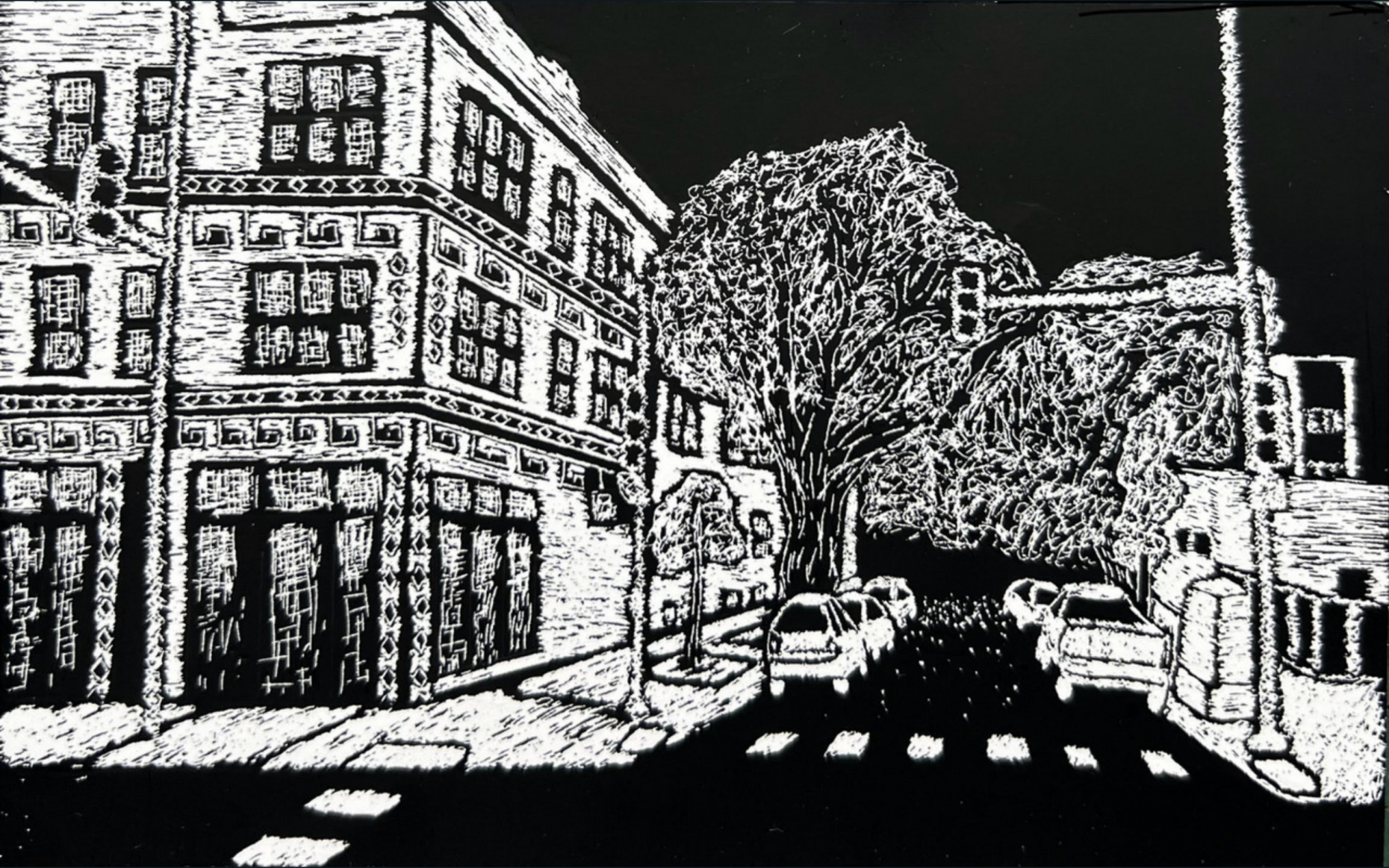 Scratchboard of city