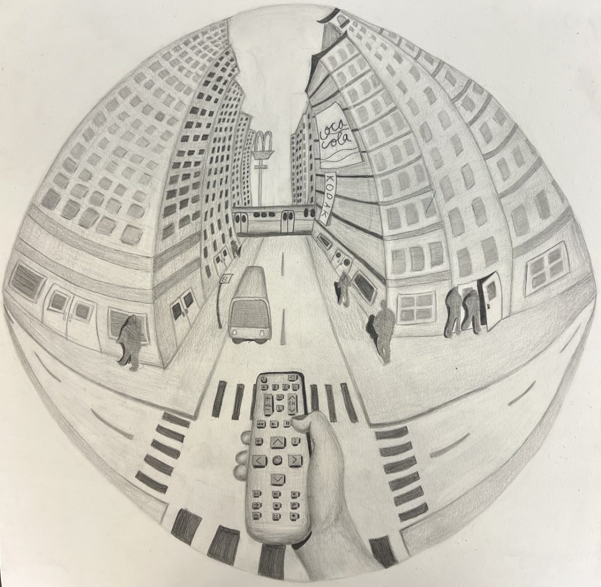 a fisheye view of the viewer looking down on a remote in the middle of a large city with skyscrapers