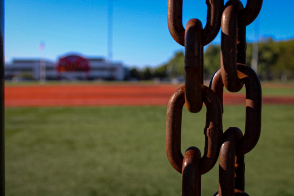 A photo of close up chains. In the background, there is a blurry empty grass field.
