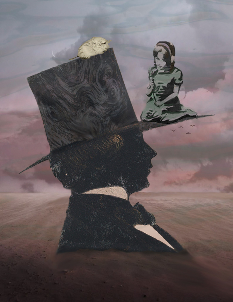 Mixed media abstract artwork featuring multi-colored sunrise background with silhouette in foreground wearing large hat with another person kneeling on the brim
