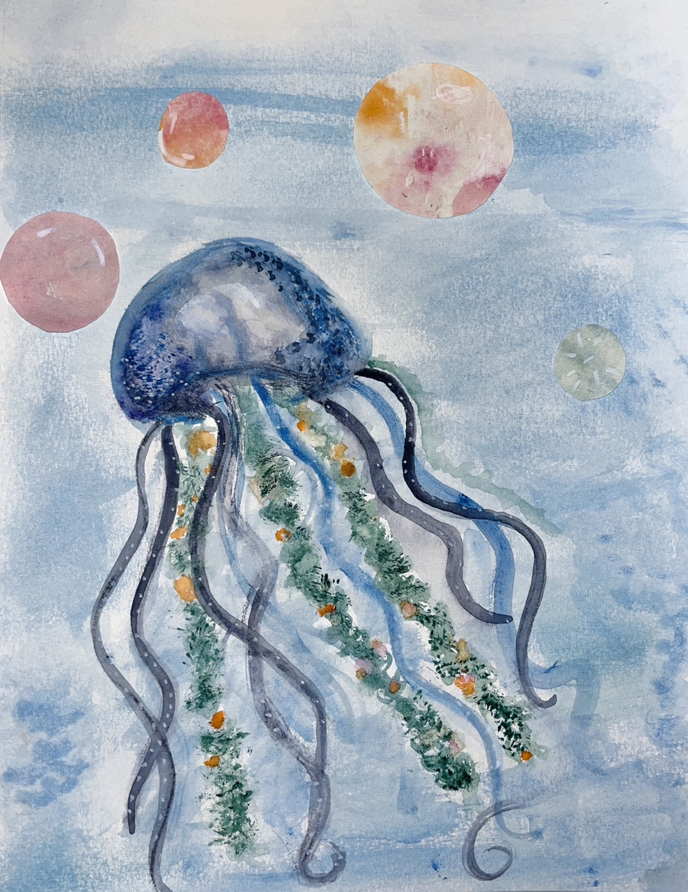 Multi-colored mixed media artwork of jellyfish floating with colored bubbles and glitter in tentacles
