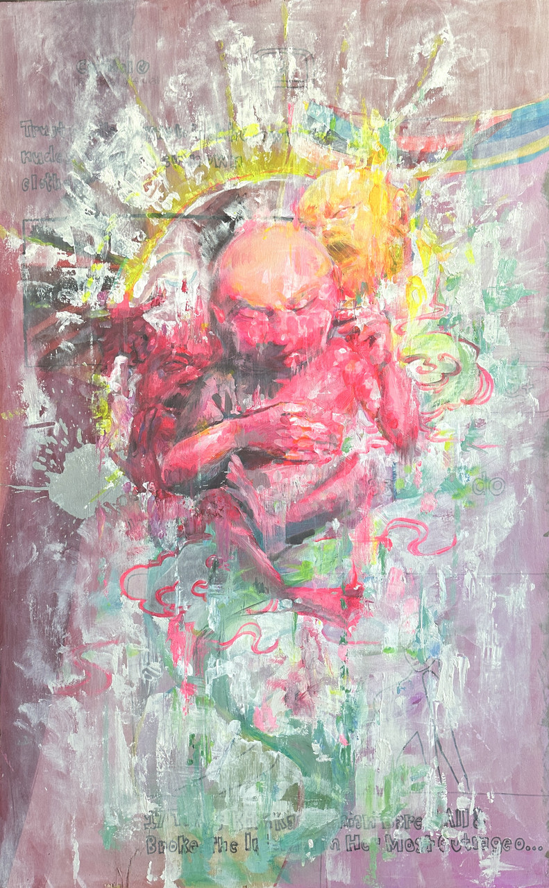 Mixed media painting on wood depicting abstract faces and bodies